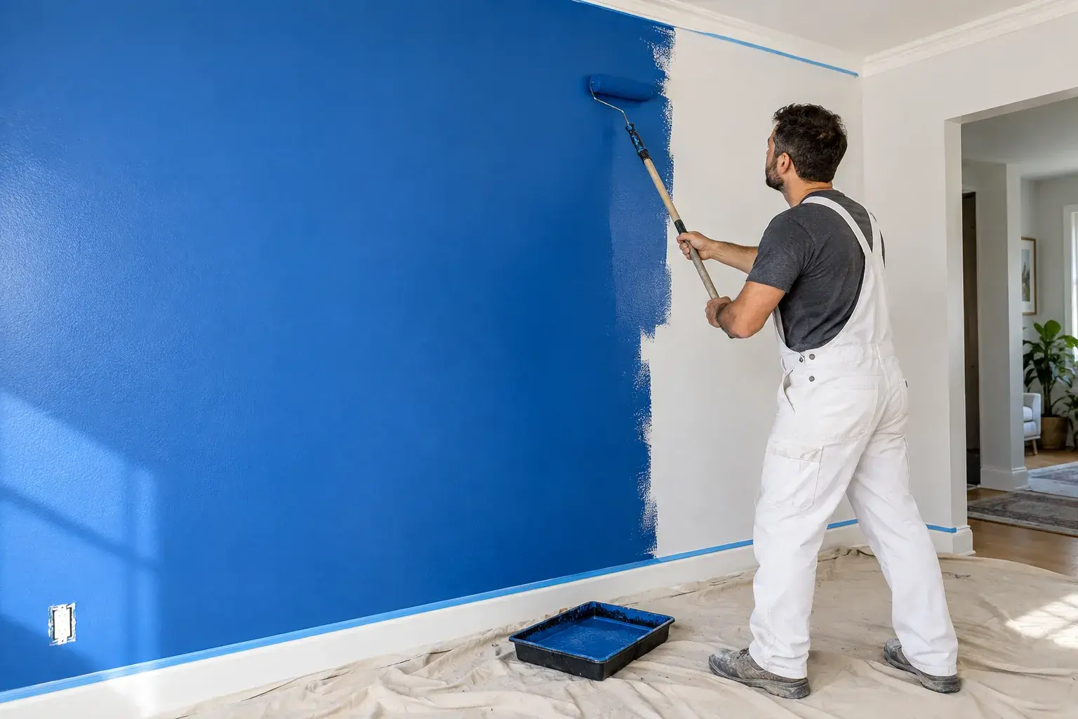 Visuel généré par IA : un peintre en salopette blanche applique une peinture bleue au rouleau sur un mur, bac de peinture au sol.