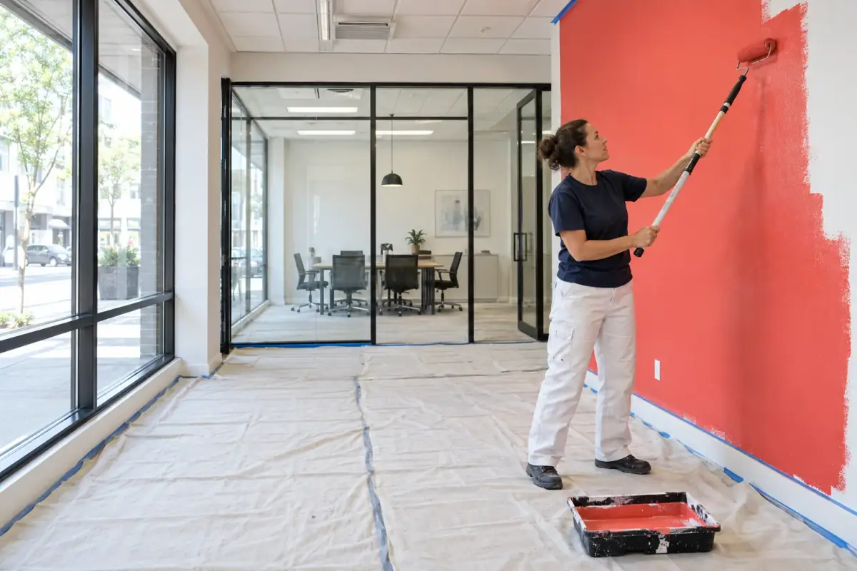 Concept généré par IA : une peintre applique une peinture rouge corail dans un bureau, avec les sols protégés.