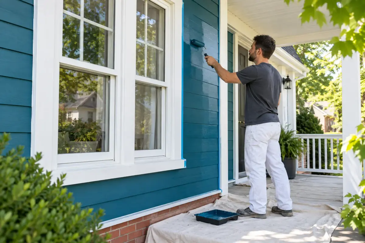 Concept généré par IA : un peintre applique une peinture bleu-vert sur la façade protégée d’une maison.